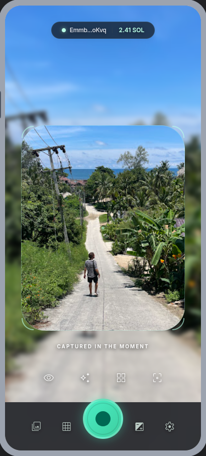 MintShot capture screen showing the wallet-connected camera view.