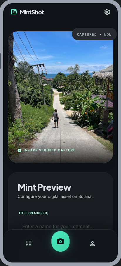 MintShot preview screen for naming and preparing a photo NFT.