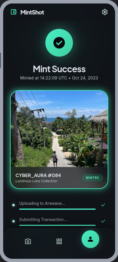 MintShot mint confirmation screen for a verified compressed NFT on Solana.