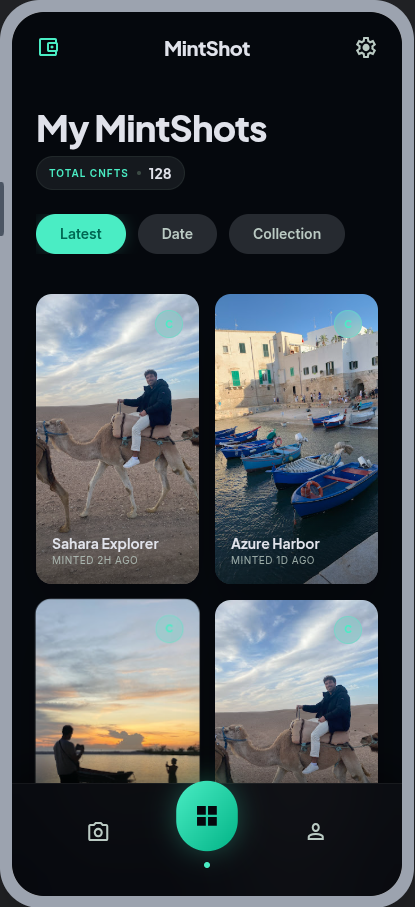 MintShot gallery screen with a collection of on-chain photo NFTs.